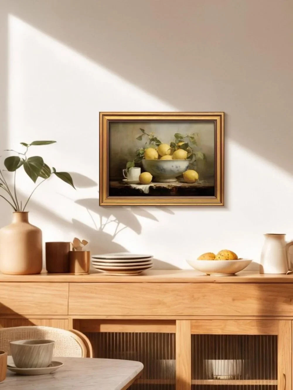 Vintage Lemon Bowl Wall Art - Gold Framed Rustic Oil Painting, 12x16 Inch